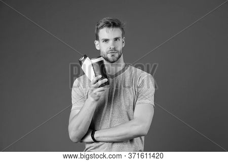 Anti Dander Medical Heal. He Use Shampoo. Man Healthy Hair Without Furfur. Man At Barbershop. Usual 
