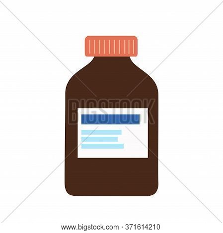 Medical Syrop, Potion Or Pills In A Big Brown Bottles With Information On The White Background For C
