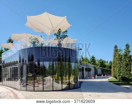 Galitsky Park, Krasnodar, Russia-07.06.2020:the Appearance Of The Glass Caf With A Beautiful Terrace