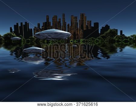 Exosolar planet. Future city surrounded by green forest in ocean. Spacecrafts in the sky. 3D rendering