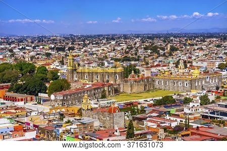 Cholula, Puebla, Mexico - January 5, 2019 Overlook Colorful Churches Cityscape Cholula Puebla Mexico