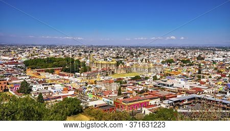 Cholula, Puebla, Mexico - January 5, 2019 Overlook Colorful Churches Restaurants Shops Cholula Puebl
