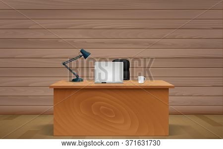 Computer Notebook And Lamp On The Wooden Table In The Wooden Room