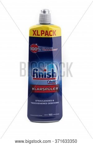 Wetzlar, Germany 2020_04_11: Plastic Bottle Finish Calgonit On White Background. Today Finish / Calg