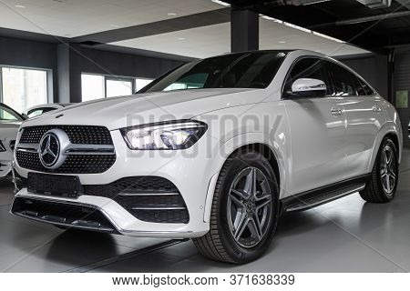 Novosibirsk/ Russia - April 28, 2020: White Mercedes-benz Gle -class, Front View.  New  Luxury Long 