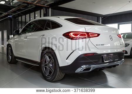 Novosibirsk/ Russia - April 28, 2020: White Mercedes-benz Gle -class, Back View.  New  Luxury Long C