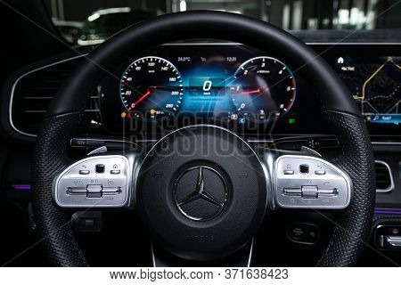 Novosibirsk/ Russia - April 28, 2020: Mercedes-benz Gle-class, Salon Of A New Stylish Car, Steering 
