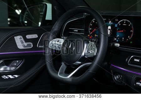 Novosibirsk/ Russia - April 28, 2020: Mercedes-benz Gle-class, Salon Of A New Stylish Car, Steering 