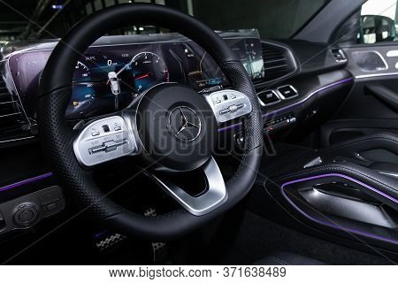 Novosibirsk/ Russia - April 28, 2020: Mercedes-benz Gle-class, Prestige Car Interior With Dashboard,