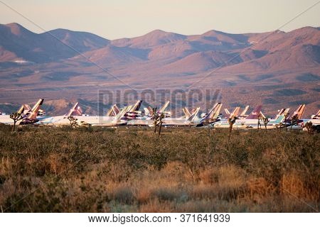 June 12, 2020 In Victorville, Ca:  Retired Airliner Aircraft Stored On A Field To Be Dismantled For 
