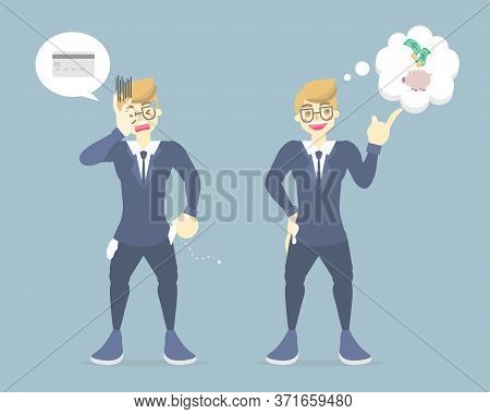 Broke Businessman Showing Empty Pocket With No Money With Credit Card, Saving Money, Bankrupt Concep