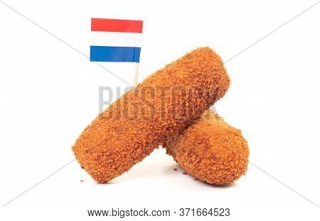 Brown Crusty Dutch Kroketten With Dutch Flag, Isolated On A White Background