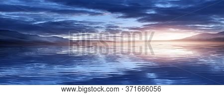 Night Landscape With Palm Trees, Against The Backdrop Of A Neon Sunset, Stars. Silhouette Coconut Pa