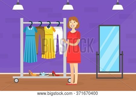 Young Woman Buying New Dress, Female Customer Character Choosing Cothes On Shop Hanger Rack Flat Sty