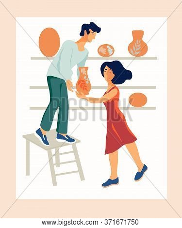 Employees Of A Pottery Shop Or A Street Shop Arrange Clayware In Ceramic Store.