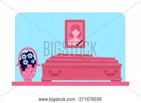 Dead Woman Coffin And Photo Flat Color Vector Illustration. Funeral Procession. Burial Ceremony. Rit
