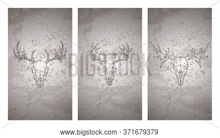 Vector Set Of Three Illustrations With Hand Drawn Skulls Deer And Moose On Grunge Texture Background
