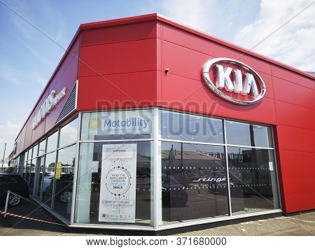 Cardiff, Uk: June 02, 2020: Kia Car Dealership With New And Used Cars For Sale. Kia Motors Corporati