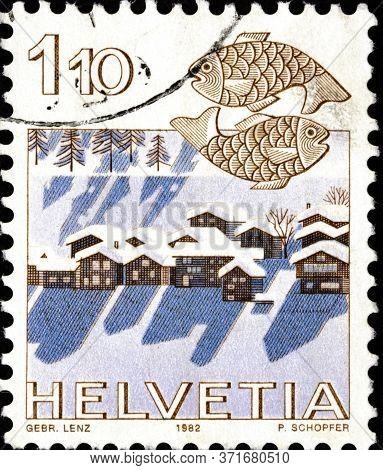 02.11.2020 Divnoe Stavropol Territory Russia The Postage Stamp Switzerland 1982 Zodiac Signs And Lan