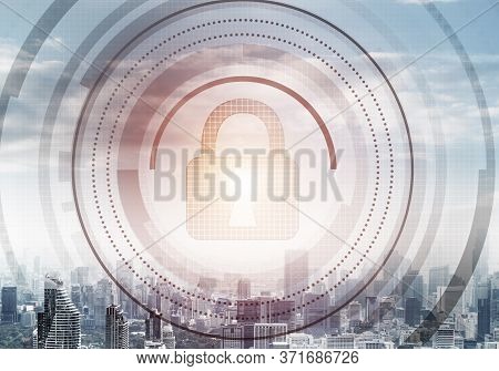Global Cybersecurity Mixed Media With Virtual Locking Padlock On Cityscape Background. Data Cryptogr