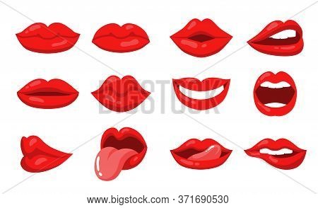 Emotion Expression With Female Lips And Mouth Set. Sexy Red Lips Of Woman Kissing, Showing Tongue, S