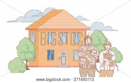 Happy Firefighters Holding A Cat In Hands After Extinguishing Fire In Country House Vector Cartoon O