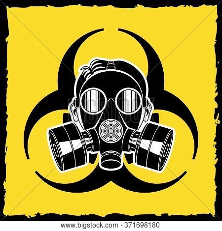 Little Boy In A Gas Mask On Yellow Background Biohazard Symbol. Vector Illustration.
