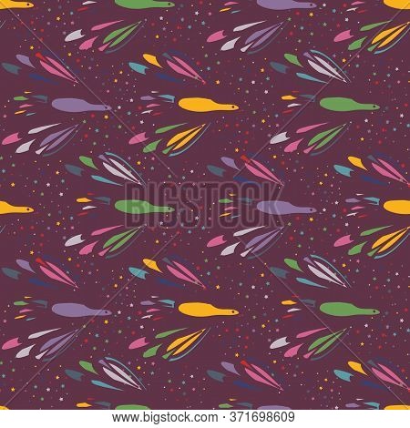 Colorful Birds Flying On Purple Night Sky Seamless Vector Pattern. Decorative Surface Print Design F