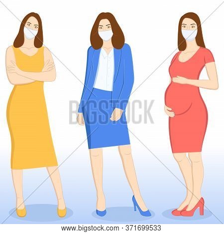 Beautiful Young Woman, Business Woman And A Pregnant Woman Wearing Medical Face Mask Against Covid-1