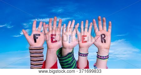Children Hands Building Word Feier Means Celebration, Blue Sky