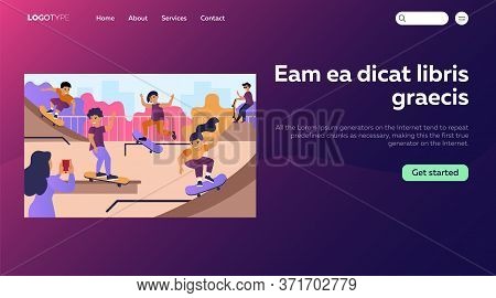 Teenagers At Skateboard Park Flat Vector Illustration. Cartoon Girls And Boys Jumping And Doing Tric