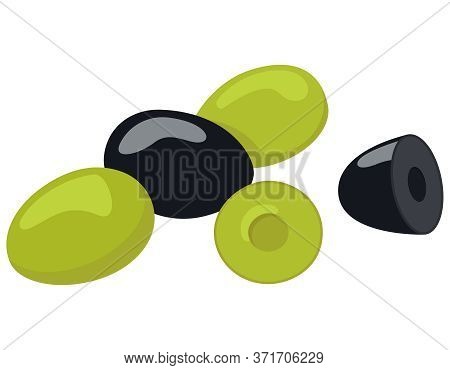 Handful Of Olives. Black And Green Olives In Cartoon Style Isolated On White Background.