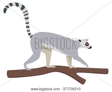 Lemur Climbing Tree. Cute Animal In Cartoon Style Isolated On White Background.