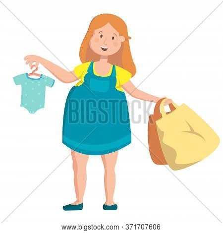 Pregnant Woman Buying Clothes For Newborn. Character In Cartoon Style Isolated On White Background.