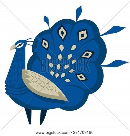 Peacock With Beautiful Tail. Bird In Cartoon Style Isolated On White Background.