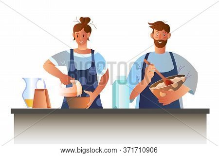 Cooking Together Illustration With Loving Couple Preparing Cakes During Quarantine. Young Husband An