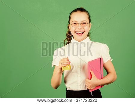 Science Research In Lab. Small School Girl. Education And Knowledge. Small Smart Girl With Testing F