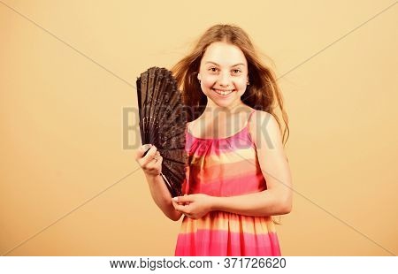 Air Conditioner. Waving To Create Current Air. Little Girl Waving Elegant Fan. Cooling And Ventilati