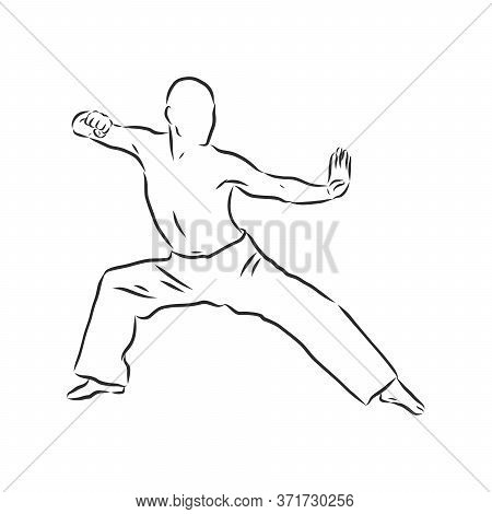 Kung Fu Chinese. Vector Sketches In A Simple Contours. Kung Fu Fighter, Vector Sketch Illustration