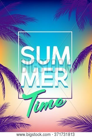 Summer Tropical Backgrounds Set With Palms, Sky And Sunset. Summer Placard Poster Flyer Invitation C