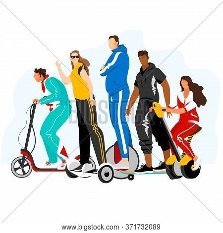 The People On The Electric Vehicle. A Set Of Isolated Vectors. Vector Image Of People On Electric Tr