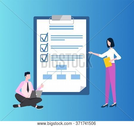 Man In Suit Sitting Cross-legged With Laptop. Woman Standing Near Paper With Check Marks Near Comple