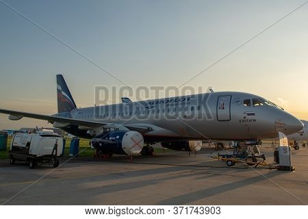 August 30, 2019. Zhukovsky, Russia. Russian Short-range Narrow-body Passenger Aircraft  Sukhoi Super