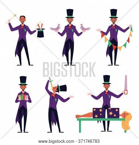 Cartoon Magician Performing Different Magic Tricks - Isolated Flat Set