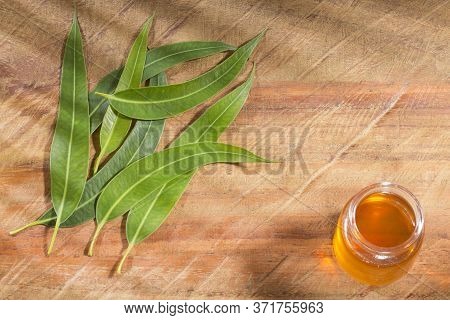 Fresh Leaves And Eucalyptus Oil On The Wooden Background - Eucalyptus Globulus