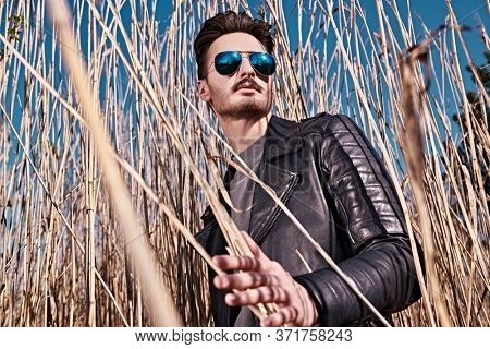 Handsome young man in a black leather jacket and sunglasses stands in the park next to the reeds. The spirit of freedom and adventure. Men's fashion. 