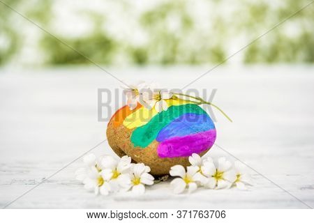 Kindness And Hope.sign Be Kind And A Rainbow On A Painted Rock. Blurred Spring Blue Flowers In The B