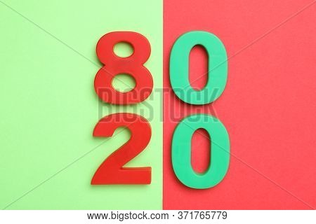 Numbers 80 And 20 On Color Background, Flat Lay. Pareto Principle Concept