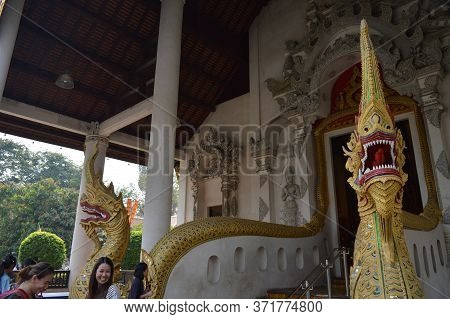 Chiang Mai Thailand-12 January 2020:wat Chedi Luang Temple,built During The Reign Of Phaya Saen Muea
