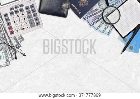 Office Flat Lay Composition With Calculator, Address Book And Other Office Items On Brown Wooden Tab